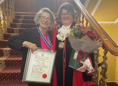 Oliver-Wolff BEM with outgoing Mayor of Eastbourne Image of Mrs Oliver-Wolff BEM with outgoing Mayor of Eastbourne, Councillor Candy Vaughan, following last night’s ceremony.